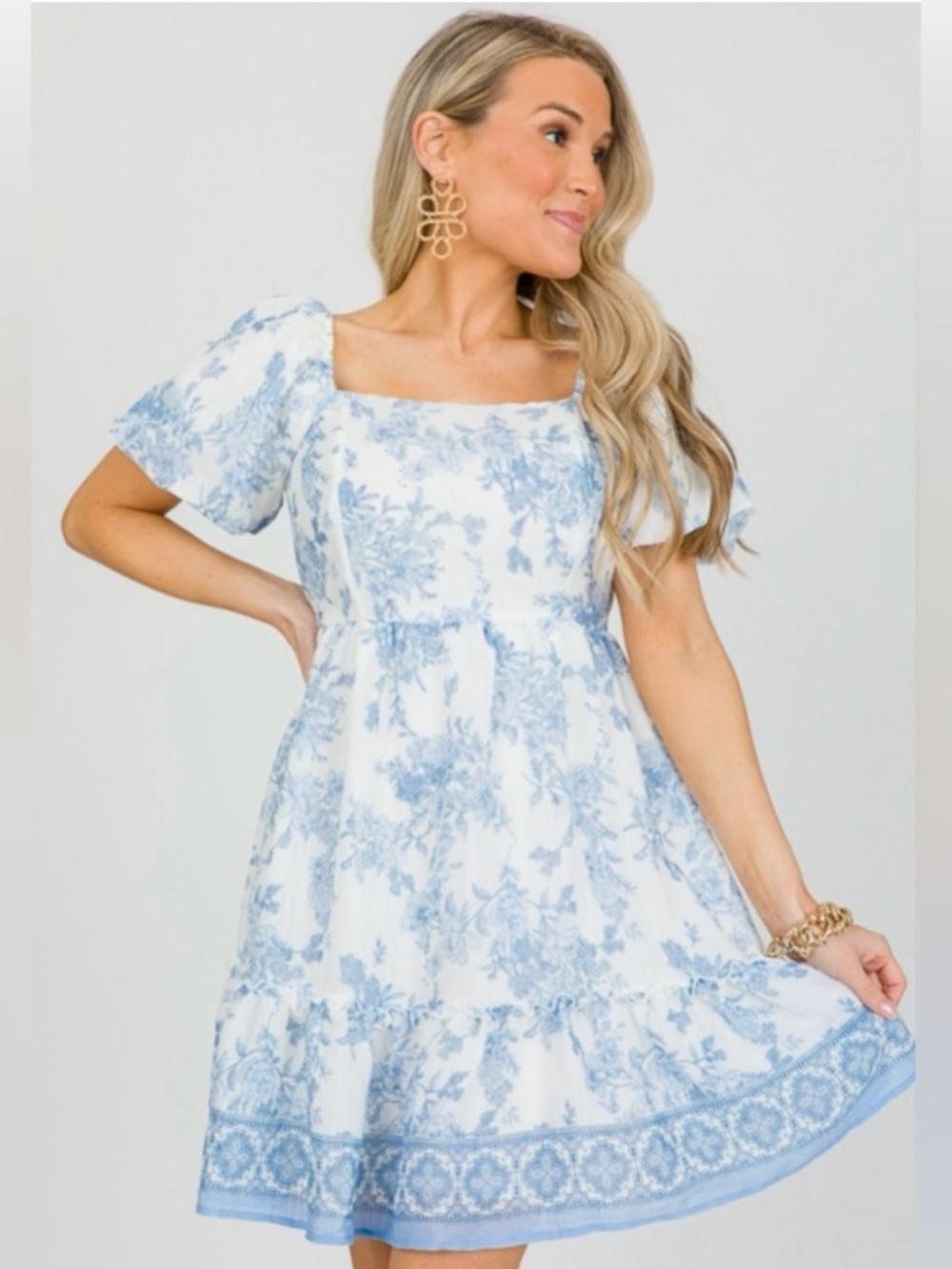 Blu Pepper Floral Mini Dress Large Blue White Cottagecore Puff Sleeve